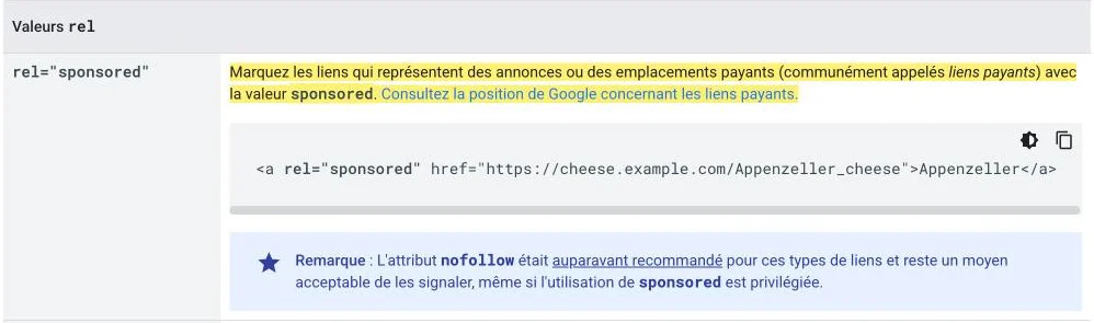 Documentation Google sur les attributs rel, avec la consigne de marquer les liens payants avec la valeur sponsored surlignée en jaune