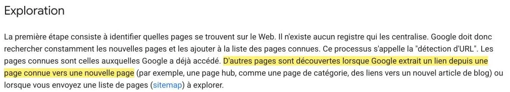 Guide détaillé de la recherche Google, partie « Exploration », avec la phrase sur la découverte des pages grâce aux liens surlignée en jaune