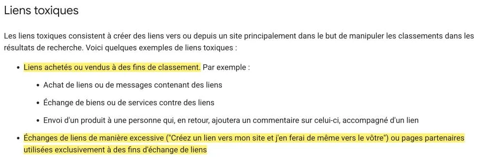 Règles de Google concernant le spam, partie « Liens toxiques », avec les liens achetés et les échanges de liens excessifs surlignés en jaune